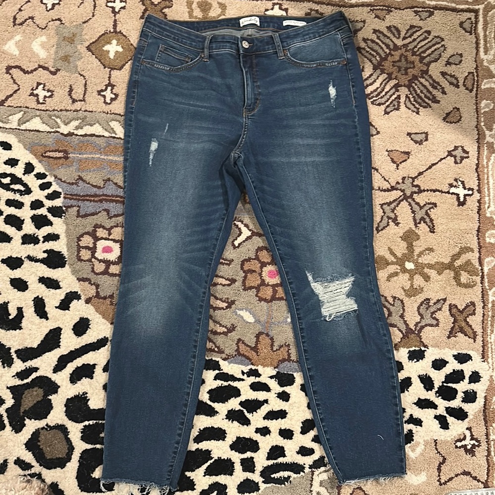 Wonderly Mid Rise raw hem distressed skinny ankle jean with stretch size 14